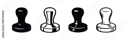 Coffee tamper icon set, essential barista tool for compacting espresso grounds.