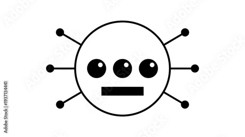 Simple black and white illustration of a virus with a face.