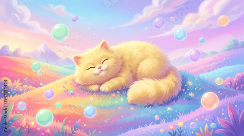 Serene cartoon cat sleeping peacefully in a vibrant meadow.