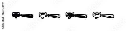 Set of Portafilter Icons. Espresso Machine Handle Silhouettes and Outlined Symbols for Barista and Coffee Concepts.