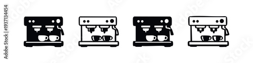 Set of Espresso Machine Icons. Coffee Maker Silhouettes and Outlined Symbols for Cafe and Barista Concepts.