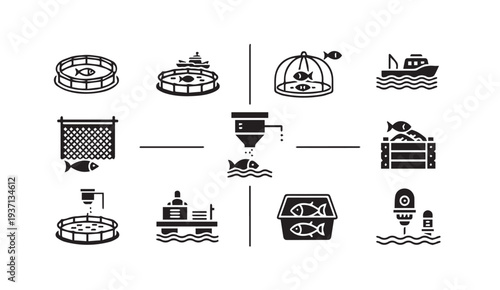 Fish farming and seafood industry icons including fishing nets and boats