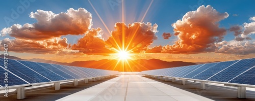 Panel kuchenny z motywem Sunrise over solar panels creates a vibrant renewable energy scene in a desert landscape