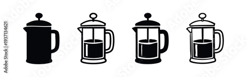 French Press Coffee Maker Icon Set. Manual Coffee Brewing Device Symbols.