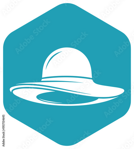 Minimal wide brim summer hat icon inside hexagon badge flat vector illustration for fashion accessory branding logo and lifestyle design