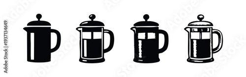 French Press Coffee Maker Symbols. Cafetiere Icon Set for Manual Brewing.