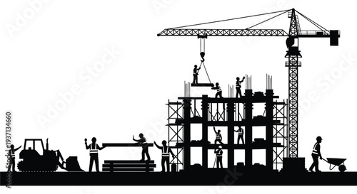Construction site silhouette featuring a crane workers and a building under development high quality professional detailed