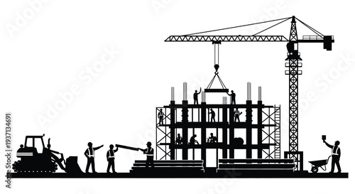 A black silhouette depicts a building under construction with workers and heavy machinery high quality professional