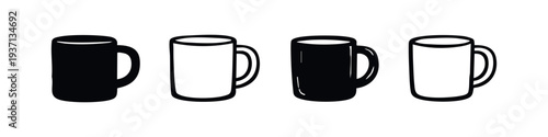 Coffee Mug Icon Set. Simple Ceramic Cup Vector Silhouette and Outline Collection.