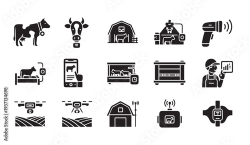 Smart farming technology icons for modern agriculture solutions