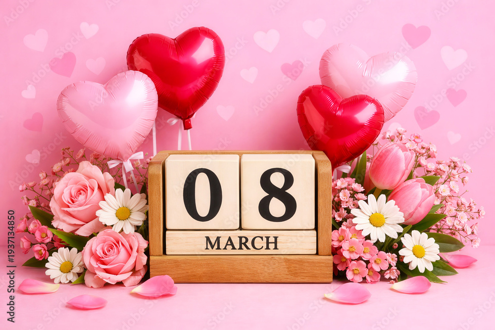 Fototapeta premium Calendar showing 8 March with flowers and heart balloons on pink background, celebration decoration. spring holiday, love theme, floral decor, International Womens Day.