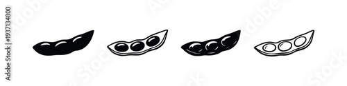 Open Edamame Soybean Pod Icons. Hand Drawn Fresh Vegetable Snack Silhouettes and Outlines.