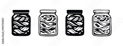 Kimchi Jar Icon Set. Hand-drawn vector illustration of traditional fermented food containers in outline and silhouette styles.