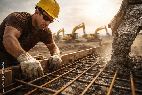 Construction worker meticulously levels rebar with a backdrop of heavy machinery and concrete pouring.