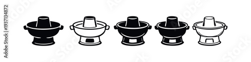 Asian Hot Pot Cookware Icons. Vector set of shabu-shabu pots, ideal for traditional dining and restaurant menus.
