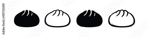 Set of four minimalist Asian dumpling icons in solid black and outline styles, perfect for food menus or delivery apps.