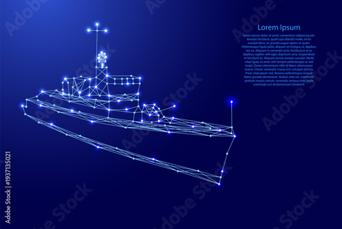 warship destroyer from futuristic polygonal blue lines and glowing stars for banner, poster, greeting card