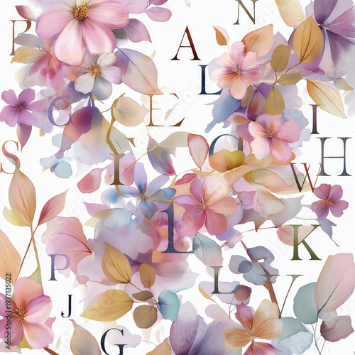 Delicate pastel-colored flowers and leaves interspersed with scattered letters create an elegant, soft floral pattern on a white background.