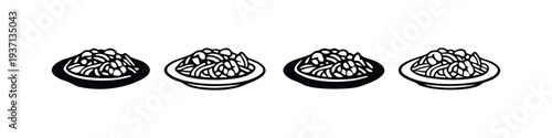 Four detailed icons of a bowl of noodles or pasta, rendered in both solid and outline styles for diverse design needs.