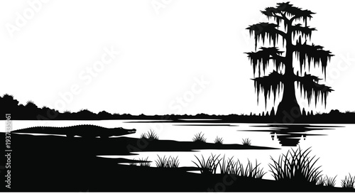 A striking black and white silhouette depicts a swamp scene with an alligator and cypress tree high quality