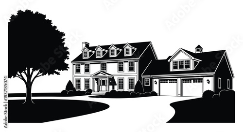 A detailed black and white illustration of a large classic two story suburban home with a yard