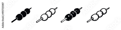 Traditional Japanese Dango Skewers Icon Set, Asian Street Food Dumplings, Hand-Drawn Black and White Vector