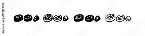Set of Japanese Sweets and Pastries Icons, Abstract Asian Desserts, Hand-Drawn Black and White Food Doodles