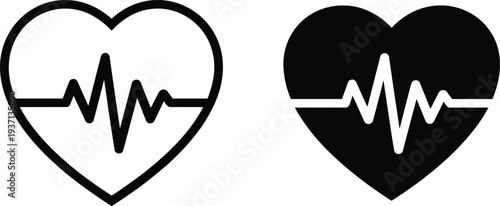 Heartbeat cardiogram icons in outline and solid black on white pulse medical