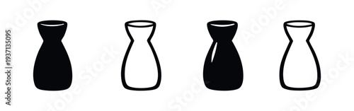 Japanese Sake Bottle Icon Set, Traditional Tokkuri Drinkware Vector, Asian Alcohol Container in Black and White