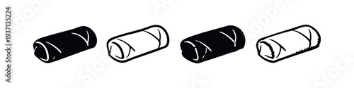 Cylindrical spring roll icon set. Deep-fried Asian snack symbols in various styles.