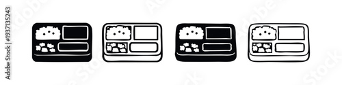 Bento Box Lunch Icon Collection. Japanese Meal Container with Various Food Items in Glyph and Outline Style.