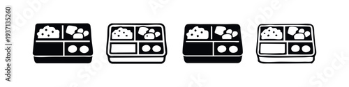 Japanese Bento Box Icon Set. Traditional Lunch Container with Food Symbols in Glyph and Outline Style.