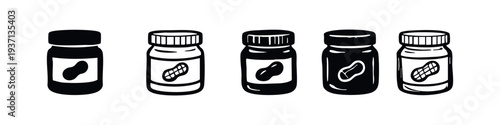 Variety of peanut butter jar illustrations, black and white doodle icons for breakfast spreads and food products