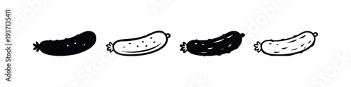 Set of various stylized pickle and cucumber illustrations, black and white doodle icons for vegetables and food