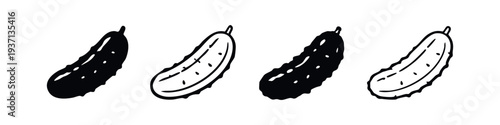 Various stylized cucumber illustrations, black and white doodle icons for vegetables, produce, and healthy eating