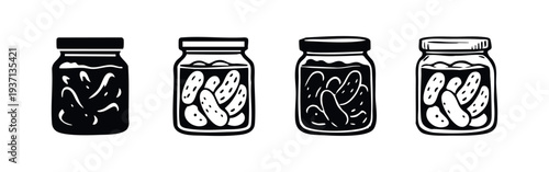 Collection of stylized pickled cucumber jars, black and white doodle icons for preserves and food storage
