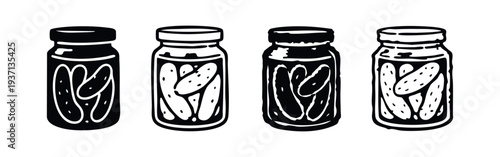 Different styles of pickled cucumber jars, black and white doodle icons for preserves, pantry, and healthy food