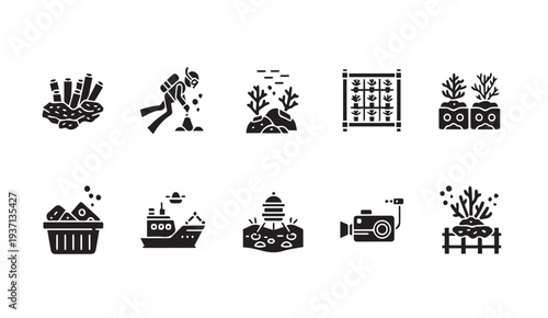 Coral reef conservation and marine life icons for eco projects