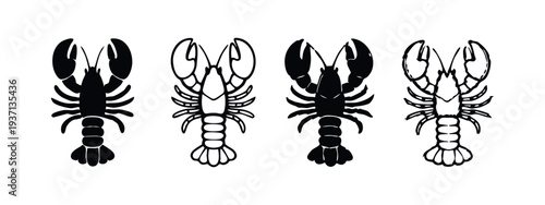 Set of various stylized lobster illustrations, black and white doodle icons for seafood, luxury, and marine life