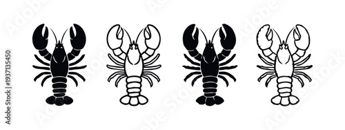 Lobster icon set. Simple hand-drawn silhouettes of lobsters for seafood menus, restaurant logos, or marine life designs.