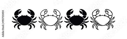 Crab icon set. Simple hand-drawn silhouettes of crabs for seafood menus, restaurant logos, or marine life designs.