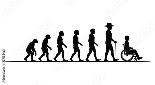 Silhouettes depicting the evolution of humans culminating in a person using a wheelchair high quality professional