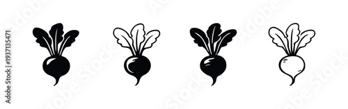 Beetroot icon set. Hand-drawn stylized silhouettes of fresh beets with leaves for root vegetable designs.