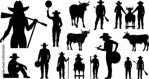 Collection of cowboy and cowgirl silhouettes with cattle on white background