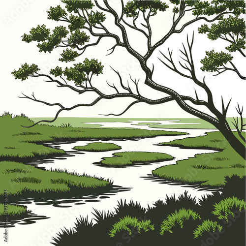 A serene landscape illustration of a tree over a winding river with grassy banks and a