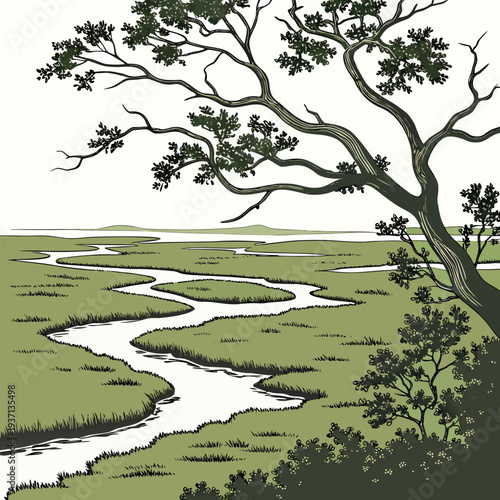 A serene landscape illustration of a winding river through a grassy field with a large tree on the right side