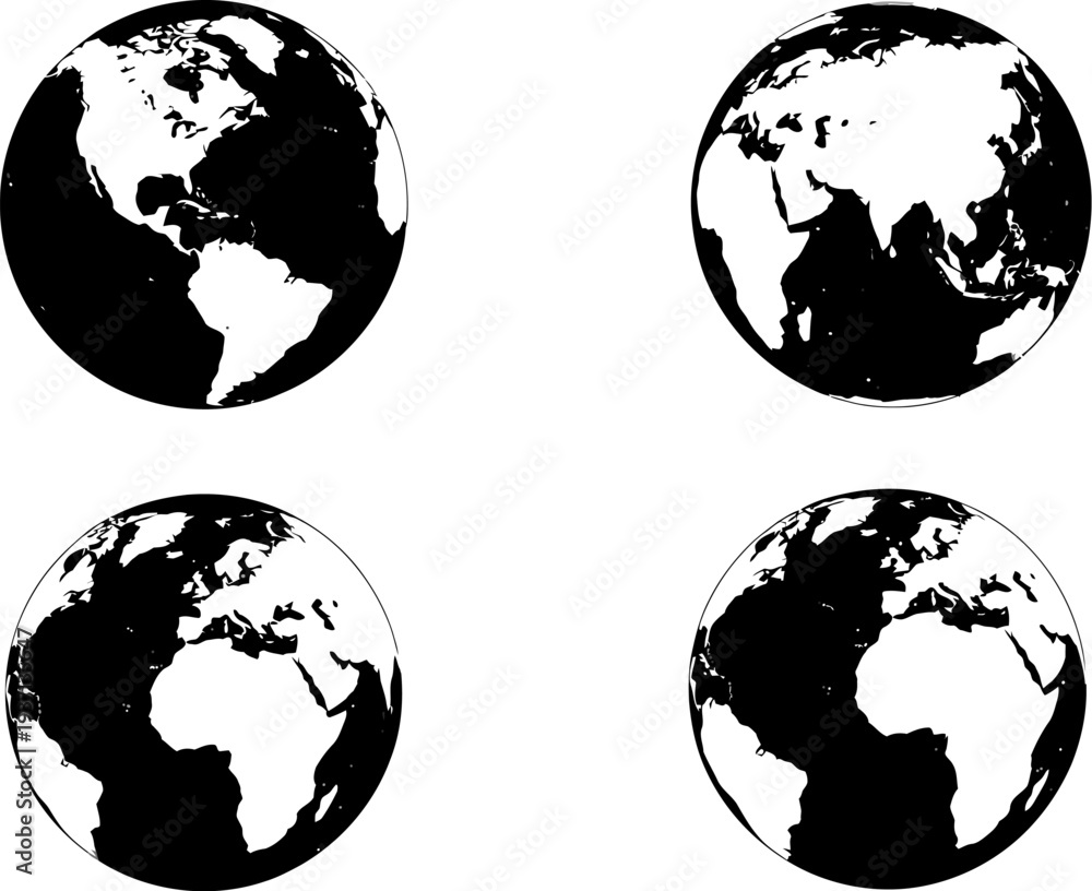 Obraz premium Four different views of the globe with black continents on white background