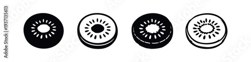 Stylized kiwi fruit icons in solid and outline black and white vector design
