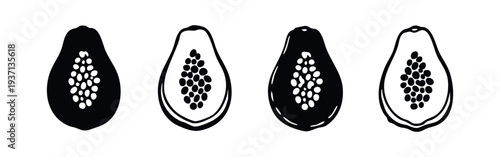 Papaya Fruit Half Icon Set - Hand Drawn Tropical Food Symbols in Black and White