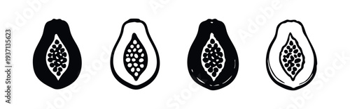Papaya fruit icons in black and white, featuring solid and outline vector designs for fresh tropical food